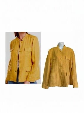 EILEEN FISHER Marigold Yellow Organic Linen Utility Jacket Size Large Breathable